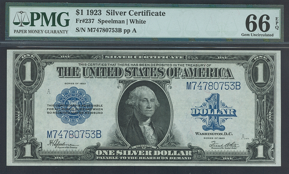 Fr.237, 1923 $1 Silver Certificate, M74780753B, GemCU, PMG66-EPQ